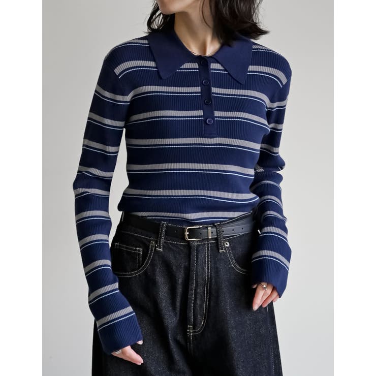 ネイビー(711) | マルチボーダーポロニットトップス | Re:EDIT