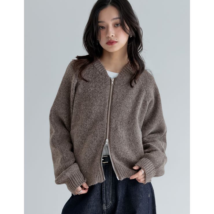 モカ(605) | ダブルジップニットブルゾン | Re:EDIT