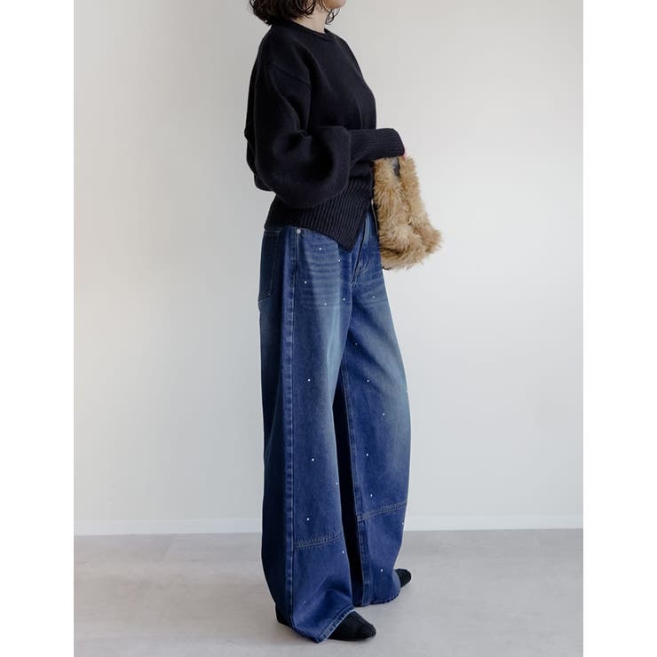 [低身長 高身長サイズ有]コットンデニムメタルストーン付きワイドストレートパンツ | Re:EDIT | 詳細画像11 