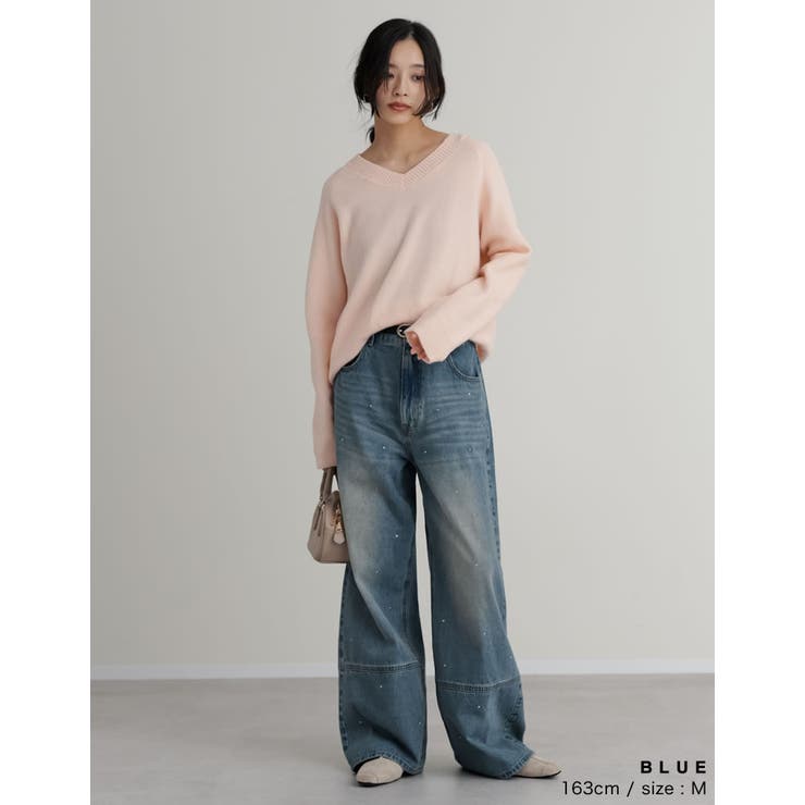 [低身長 高身長サイズ有]コットンデニムメタルストーン付きワイドストレートパンツ | Re:EDIT | 詳細画像6 