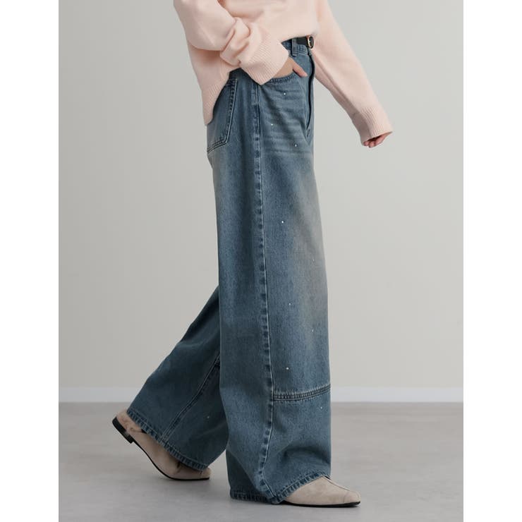 [低身長 高身長サイズ有]コットンデニムメタルストーン付きワイドストレートパンツ | Re:EDIT | 詳細画像7 