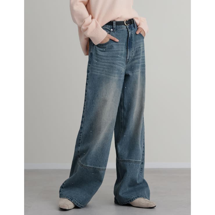 [低身長 高身長サイズ有]コットンデニムメタルストーン付きワイドストレートパンツ | Re:EDIT | 詳細画像9 