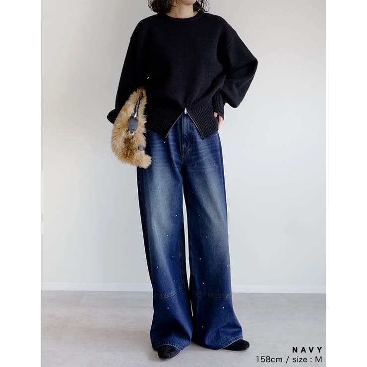 [低身長 高身長サイズ有]コットンデニムメタルストーン付きワイドストレートパンツ | Re:EDIT | 詳細画像10 