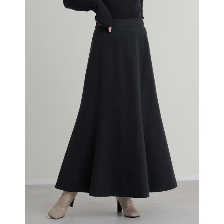ブラック(501) | [低身長サイズ有]ウールライクパネル切り替えフレアスカート | Re:EDIT