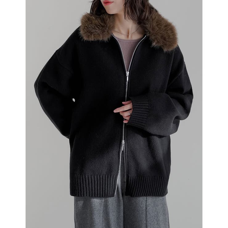 ブラック(501) | フェイクファー襟ダブルジップニットコート | Re:EDIT