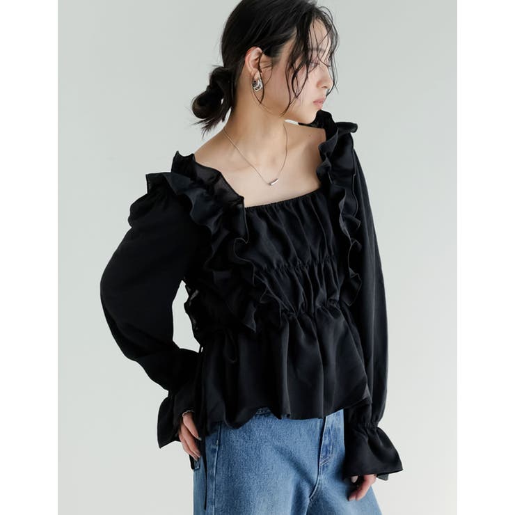 ブラック(501) | ポーラスクエアネックキャンディスリーブシャーリングブラウス | Re:EDIT