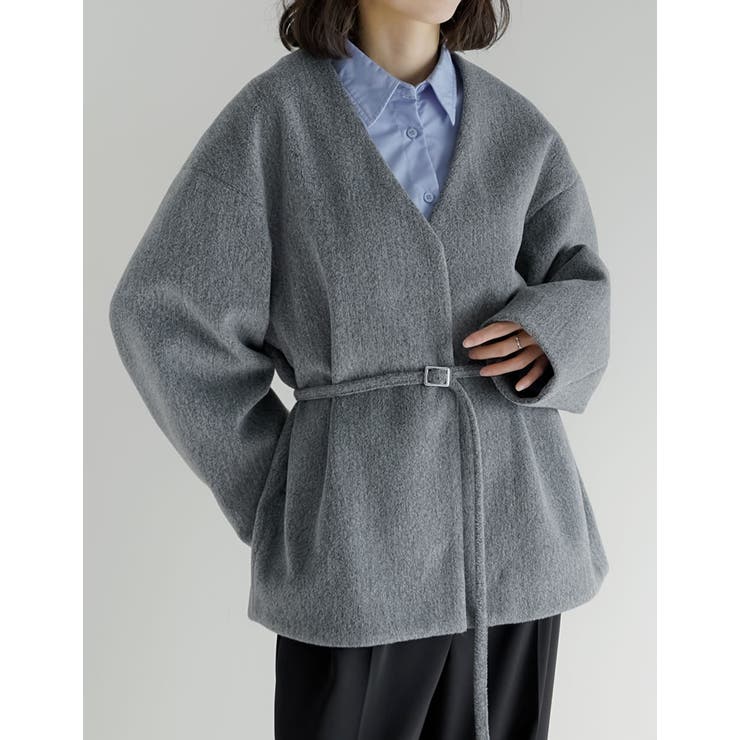 チャコールグレー(703) | フェイクウールベルト付きノーカラーコート | Re:EDIT