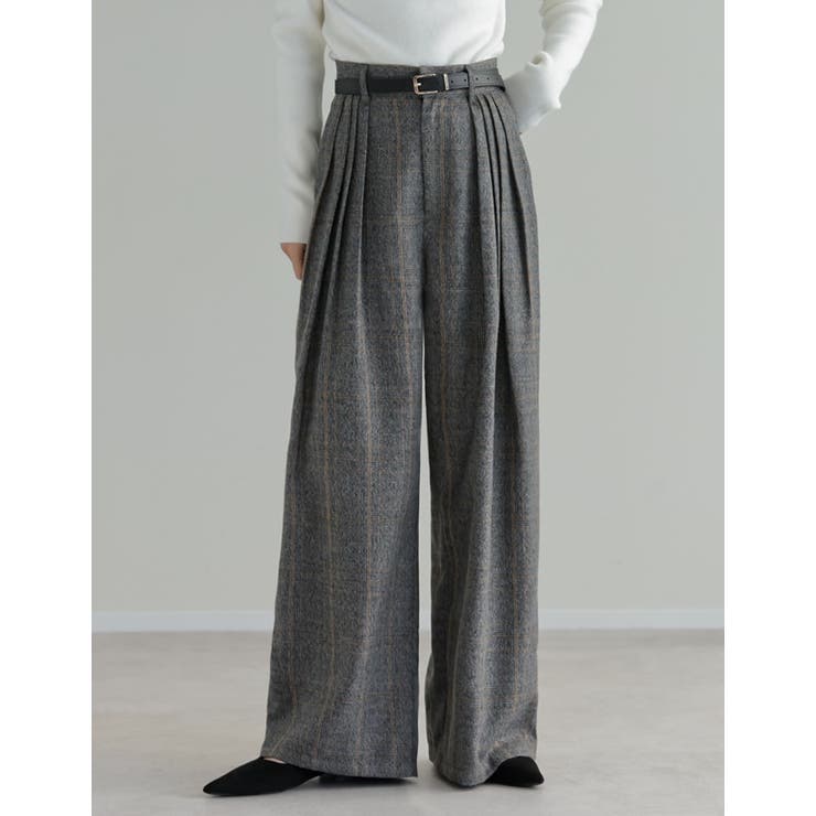 ブラック(501) | [低身長/高身長サイズ有]チェック柄ダブルタックワイドパンツ | Re:EDIT