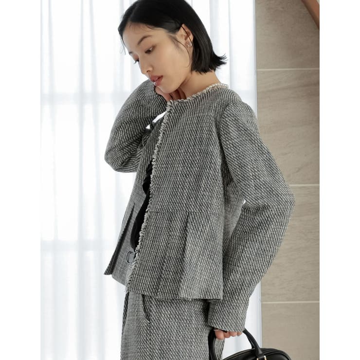 [大きいサイズ有]モノトーンツイードノーカラーぺプラムジャケット | Re:EDIT | 詳細画像11 