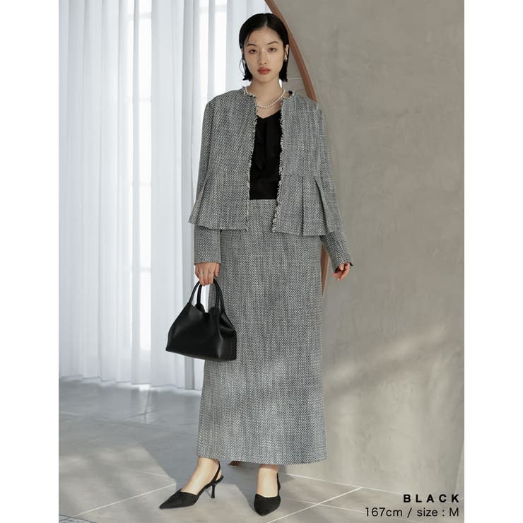 [大きいサイズ有]モノトーンツイードノーカラーぺプラムジャケット | Re:EDIT | 詳細画像9 