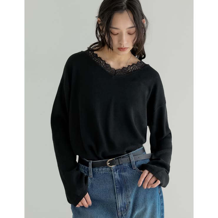 ブラック(501) | オーバーサイズレースVネックニットチュニック | Re:EDIT
