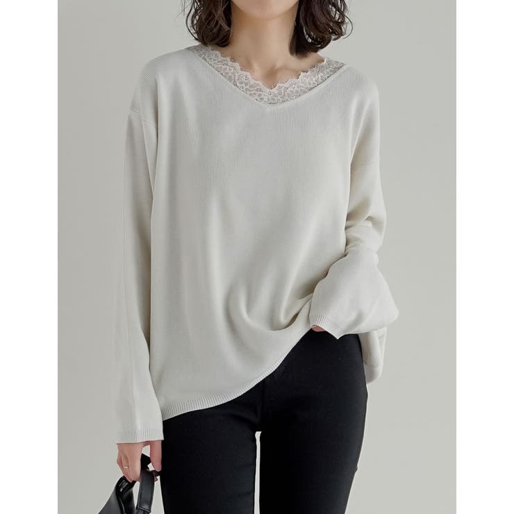 ホワイト(502) | オーバーサイズレースVネックニットチュニック | Re:EDIT