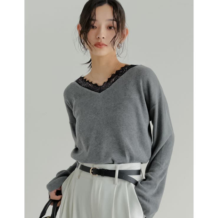 グレー(503) | オーバーサイズレースVネックニットチュニック | Re:EDIT