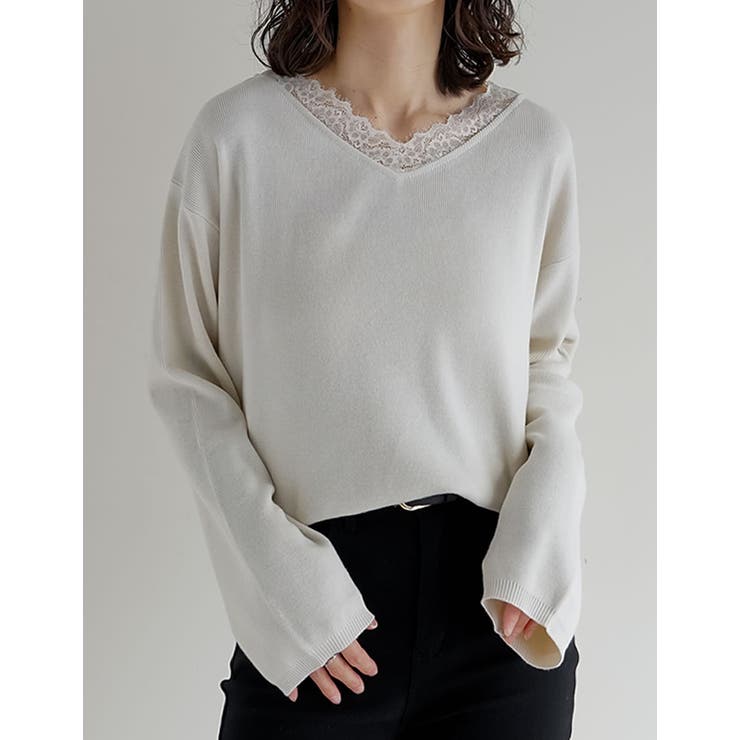 オーバーサイズレースVネックニットチュニック | Re:EDIT | 詳細画像14 