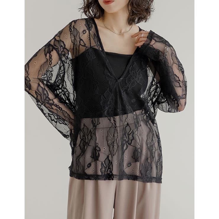 ブラック(501) | [2026S S COLLECTION]深Vネック総レースシアープルオーバーチュ… | Re:EDIT