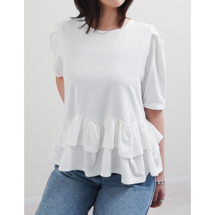 ホワイト(502) | [接触冷感][UVカット][アンチピリング]ランダムフリルヘム半袖Tシャツ | Re:EDIT
