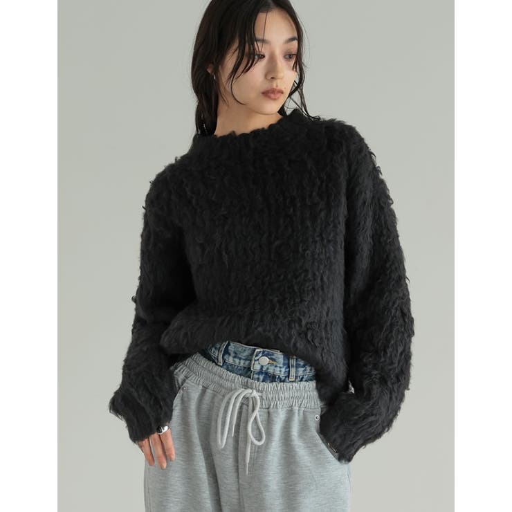 ブラック(501) | [TREND ITEM COLLECTION]ウェーブブラッシュシャギーニットト… | Re:EDIT