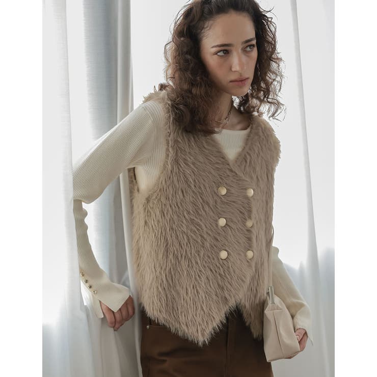 ベージュ(504) | [2026AW COLLECTION]Vネックダブルボタンシャギーニットベスト | Re:EDIT