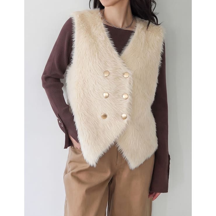 アイボリー(604) | [2026AW COLLECTION]Vネックダブルボタンシャギーニットベスト | Re:EDIT