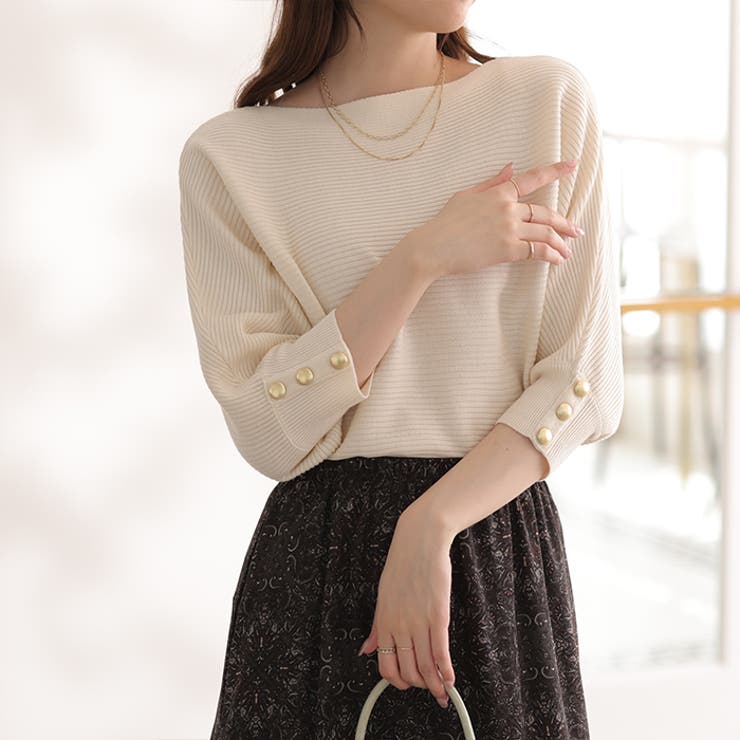 オフホワイト | 袖ボタン付ドルマンニットトップス | GeeRA