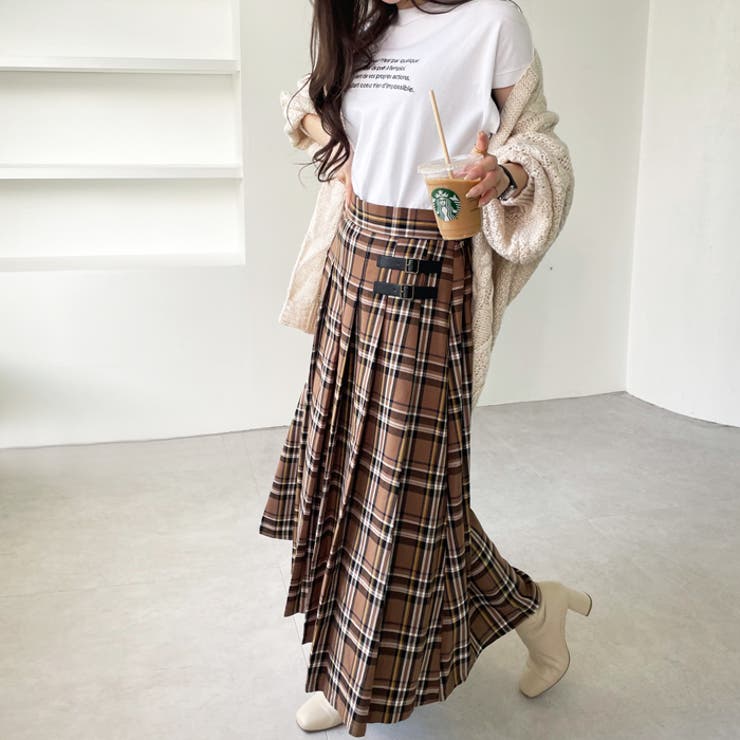 ESTNATION ベルトワイドプリーツスカート チェック系ライトブラウン　36 ESTNATION ベルトワイドプリーツスカート チェック系ライトブラウン 36