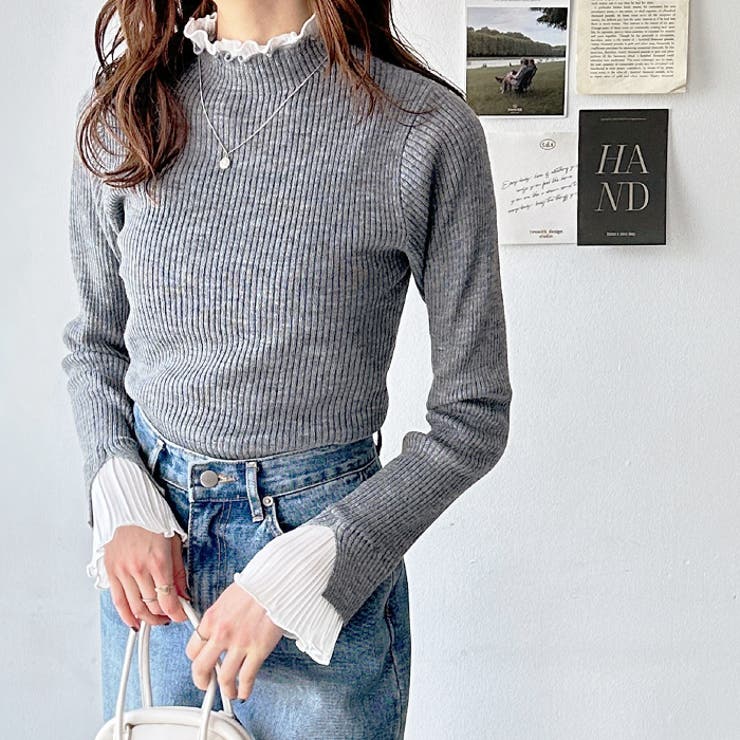 プリーツ付ハイネックリブニットトップス[品番：GERW0000038]｜GeeRA