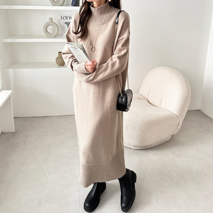 ベージュ | バックスリットタートルニットワンピース | GeeRA