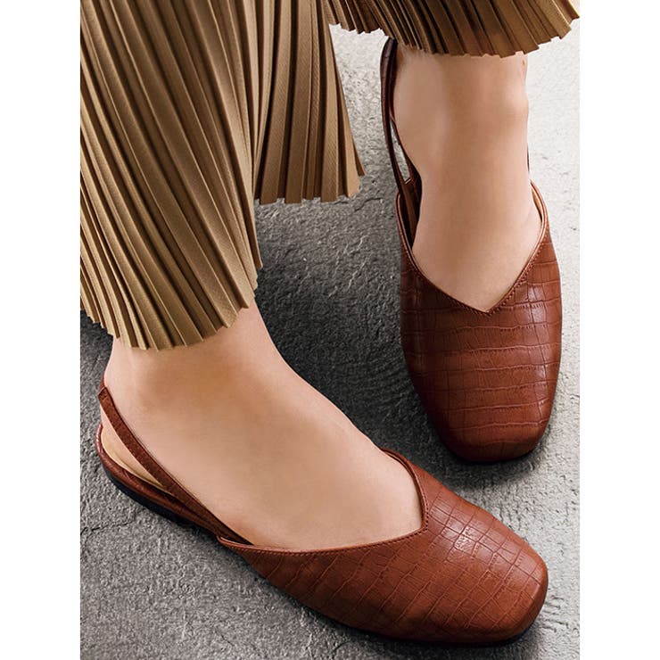 ブラウンクロコ型押し | スクエアトゥバックバンドパンプス | GeeRA