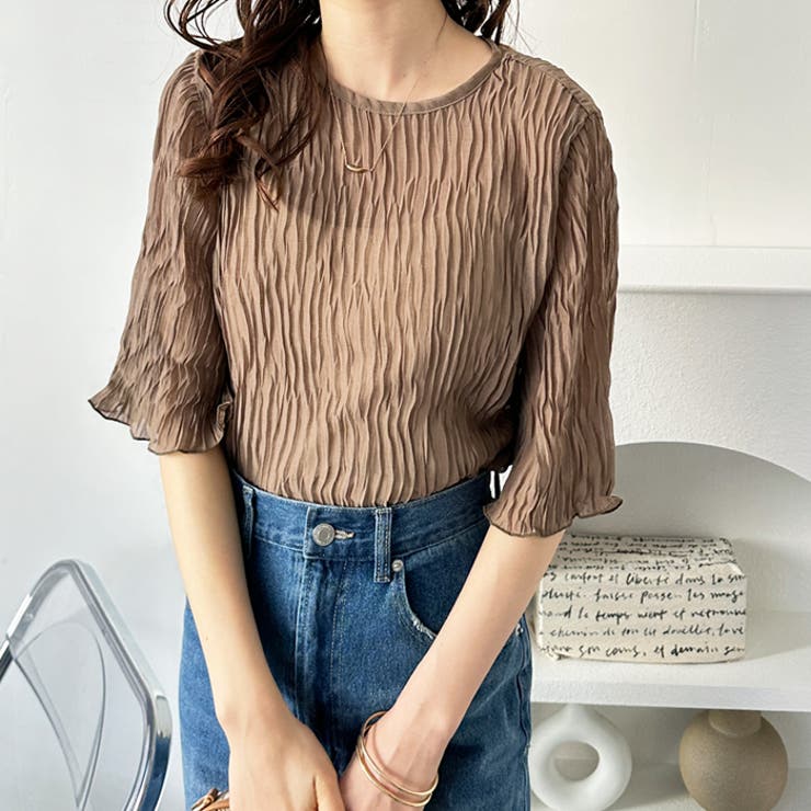 26SS今期✨シーニューヨーク　プリーツブラウス　五分袖　S　リンネル掲載 5分袖シフォンプリーツブラウス[品番：GERW0010690]｜GeeRA（ジーラ