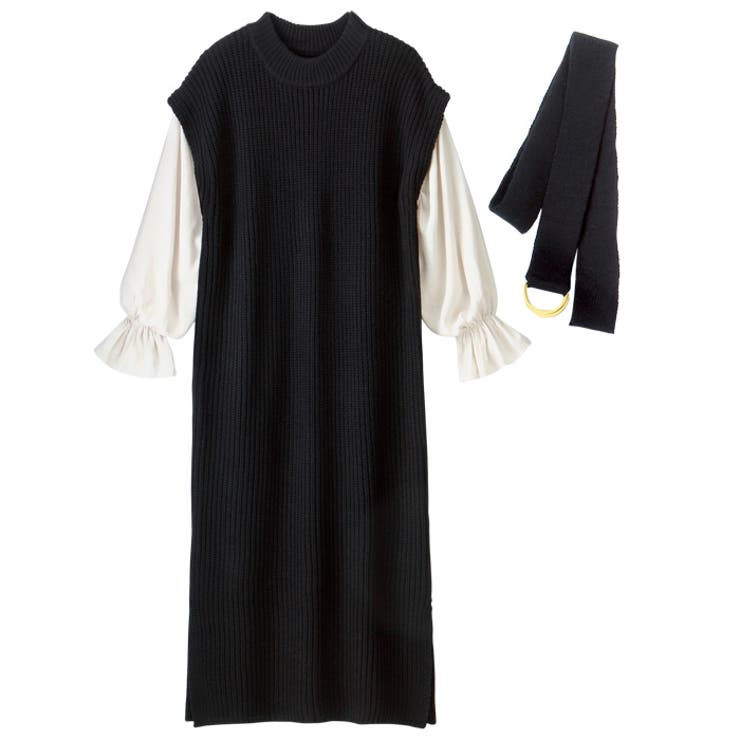 青*空様 宗心　　一行 袖ブラウスドッキングニットワンピース[品番：GERW0000095]｜GeeRA