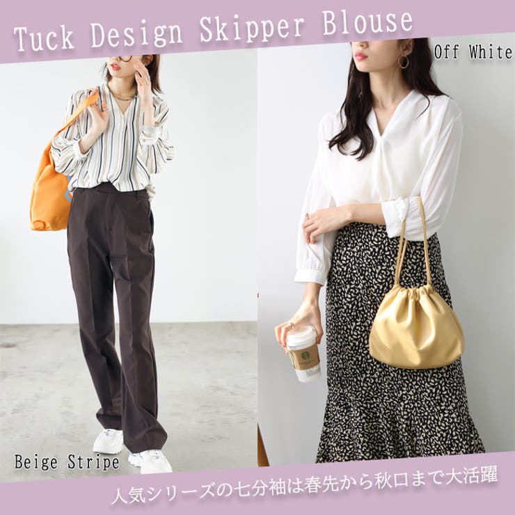 タックデザインスキッパーブラウス（七分袖）[品番：GERW0000101
