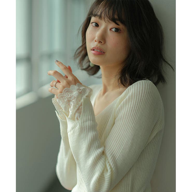レース付Ｖネックリブニットトップス | GeeRA | 詳細画像5 