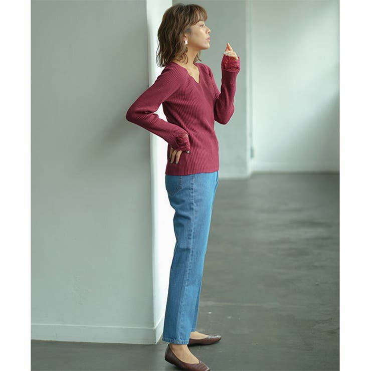 レース付Ｖネックリブニットトップス | GeeRA | 詳細画像8 