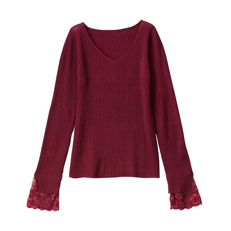 ボルドー | レース付Ｖネックリブニットトップス | GeeRA