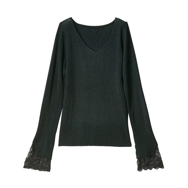 ブラック | レース付Ｖネックリブニットトップス | GeeRA