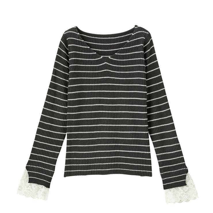 黒系ボーダー | レース付Ｖネックリブニットトップス | GeeRA