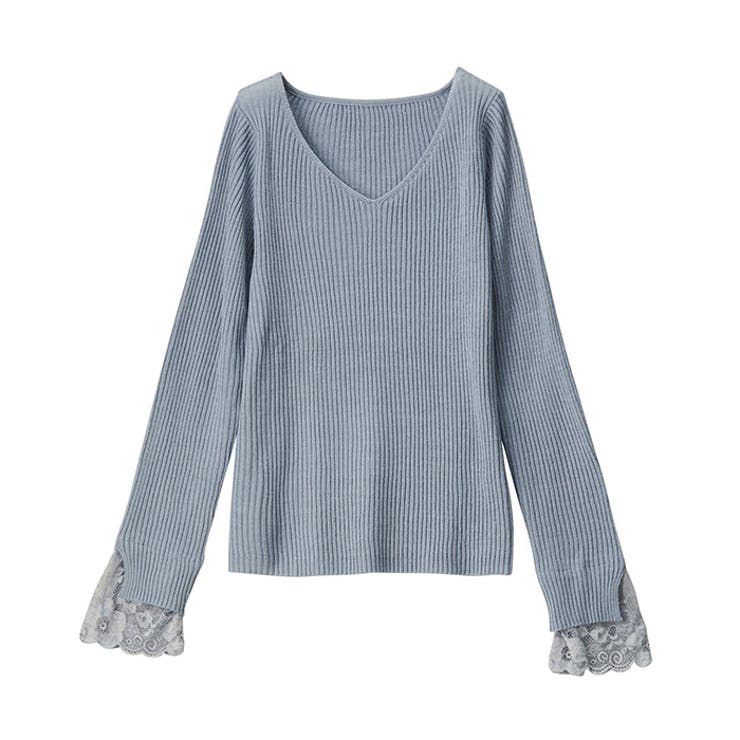 ブルー | レース付Ｖネックリブニットトップス | GeeRA