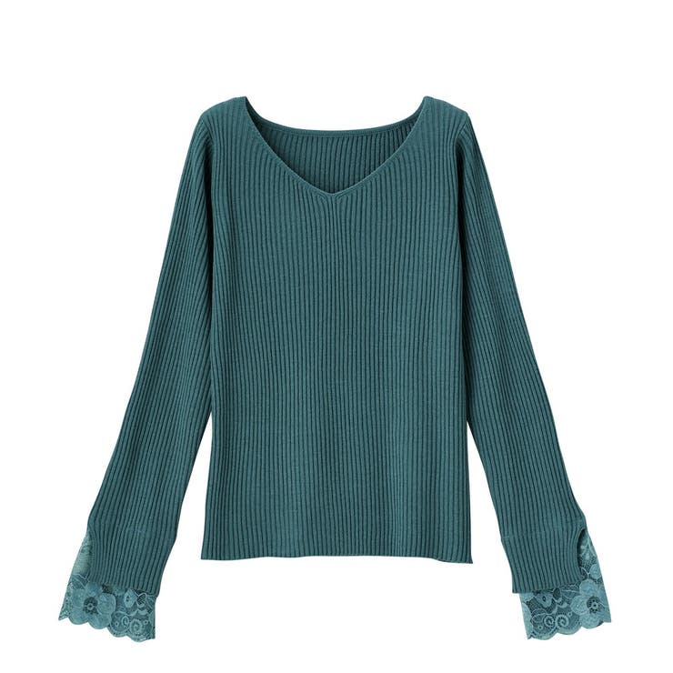 グリーン | レース付Ｖネックリブニットトップス | GeeRA