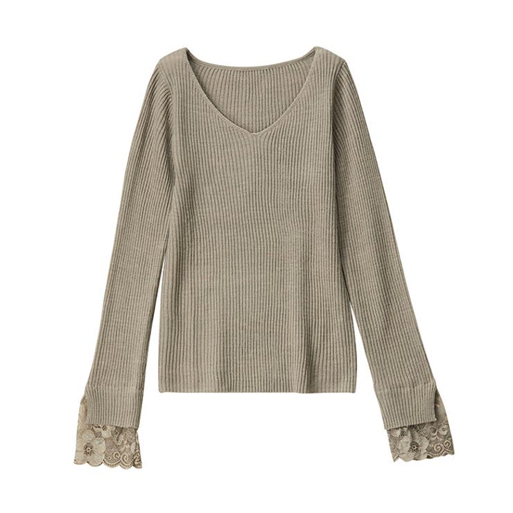 グレージュ | レース付Ｖネックリブニットトップス | GeeRA