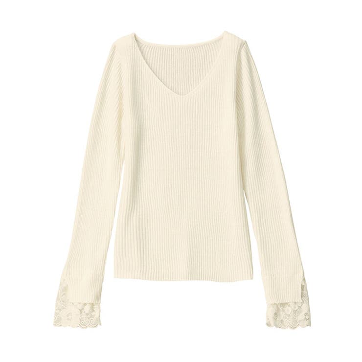 オフホワイト | レース付Ｖネックリブニットトップス | GeeRA