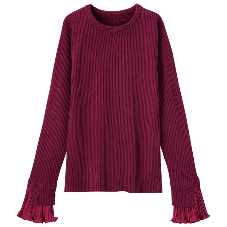 ボルドー | プリーツ付クルーネックリブニットトップス | GeeRA