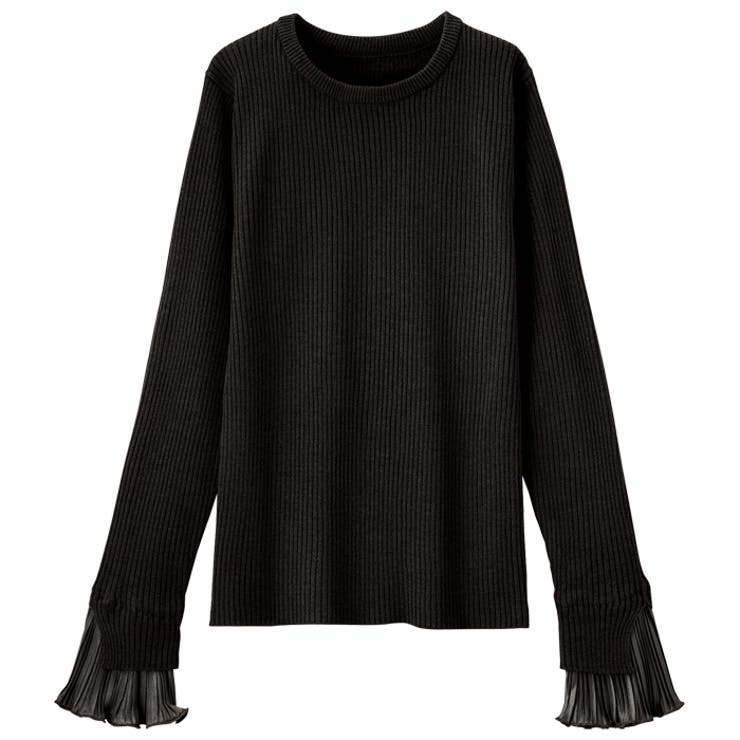 ブラック | プリーツ付クルーネックリブニットトップス | GeeRA