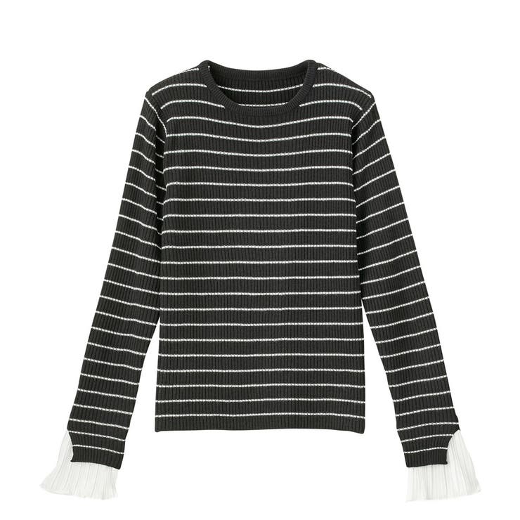 黒系ボーダー | プリーツ付クルーネックリブニットトップス | GeeRA