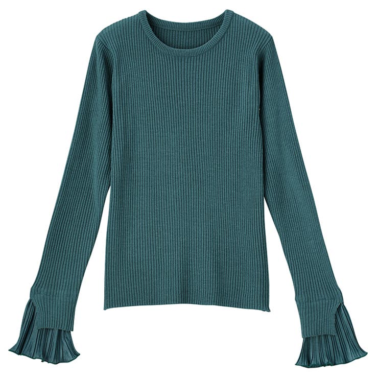 グリーン | プリーツ付クルーネックリブニットトップス | GeeRA