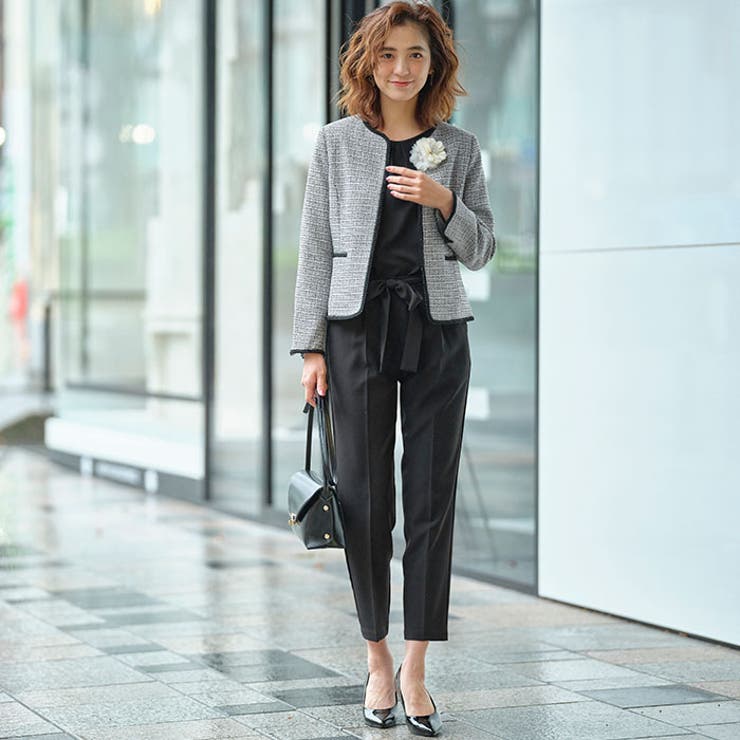 4点セット】ツイードジャケットテーパードパンツスーツセット[品番