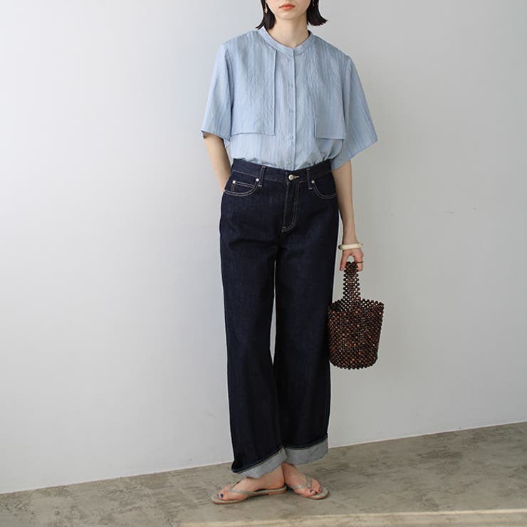 バンドカラーシアーストライプシャツ オフィスカジュアル 夏服