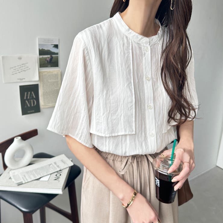 バンドカラーシアーストライプシャツ オフィスカジュアル 夏服