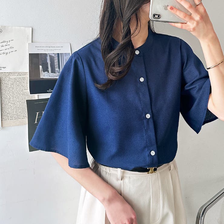 ネイビー | フレア袖バンドカラーブラウス | GeeRA