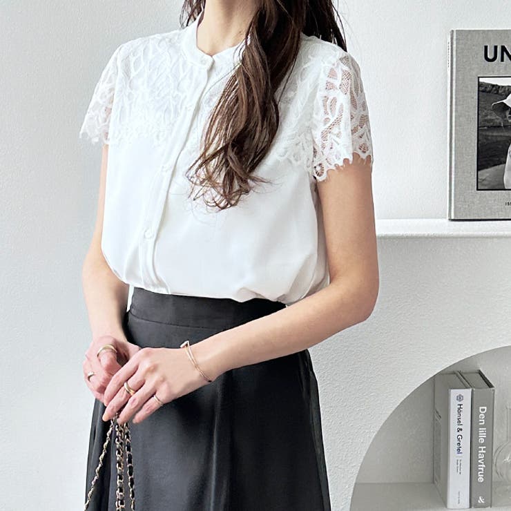 レース使いフレンチスリーブブラウス オフィスカジュアル 夏服