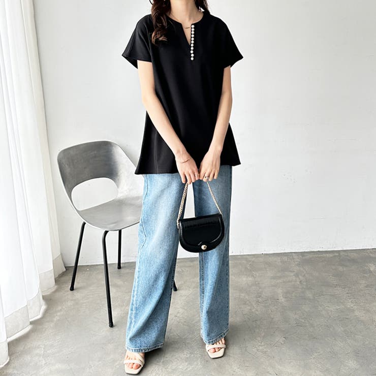 パール調ビーズ付キーネックトップス オフィスカジュアル | GeeRA | 詳細画像3 